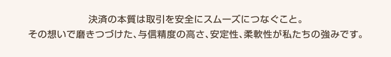 決済の本質は取引を安全にスムーズにつなぐこと。その想いで磨きつづけた、与信精度の高さ、安定性、柔軟性が私たちの強みです。